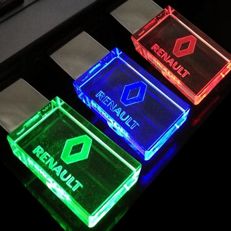[Estoque pronto] Renault Car Logo Crystal Glass LED Luminous U Disk 8GB/16GB/32GB/64GB Car USB Flash Drive