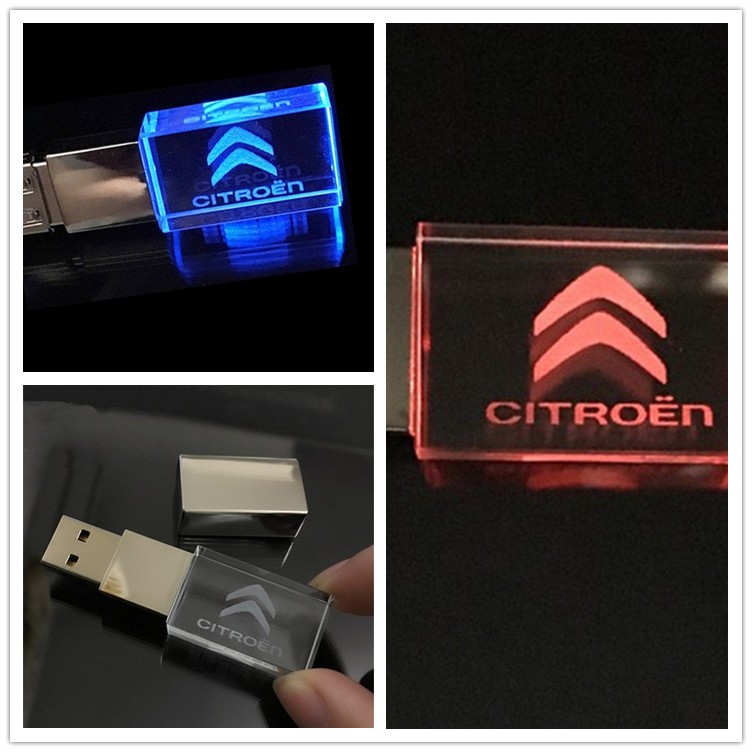 [Estoque pronto] Citroen Car Logo Crystal Glass LED Luminous U Disk 8GB/16GB/32GB/64GB Car USB Flash Drive
