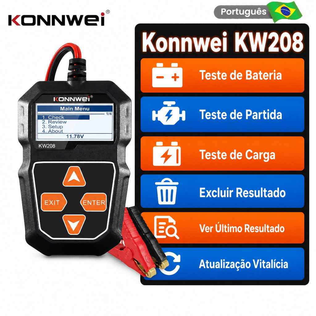 Testador De Baterias Automotivo Circuito Konnwei Kw208 12V Teste Analisador De Bateria Portugues