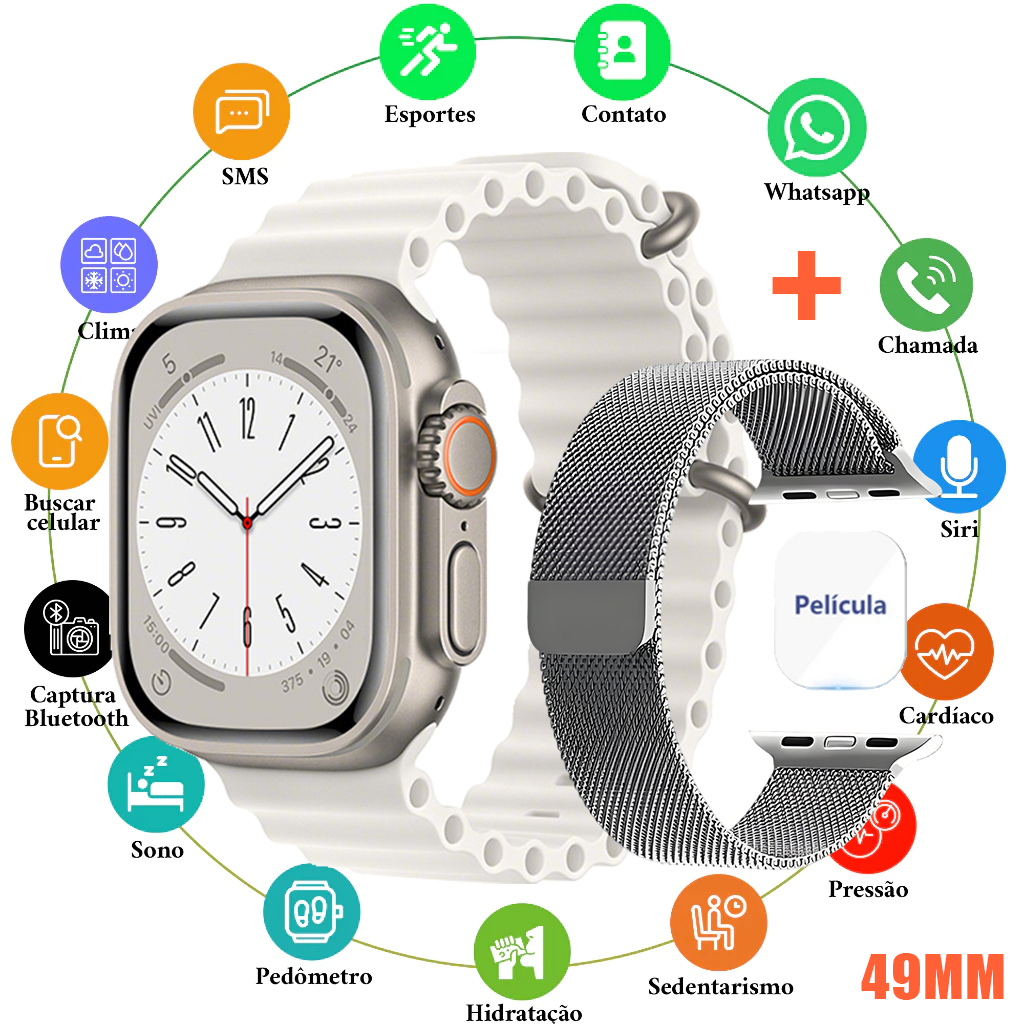 Novo Smartwatch S10 Ultra Max Branco 49MM Chamada Bluetooth Cardíaca Monitoramento Notificação de mensagem