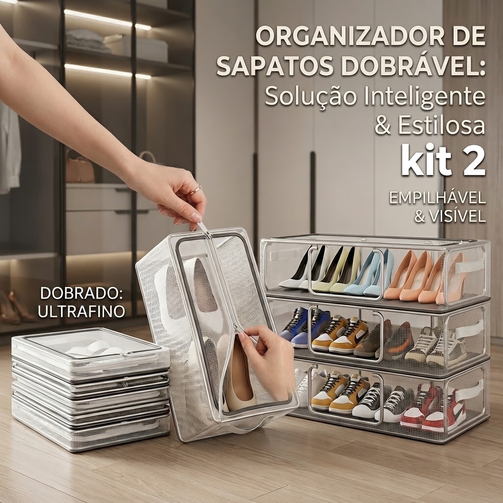 Caixa Organizadora Transparente para Sapatos com Zíper Empilhável Multifuncional Antipoeira