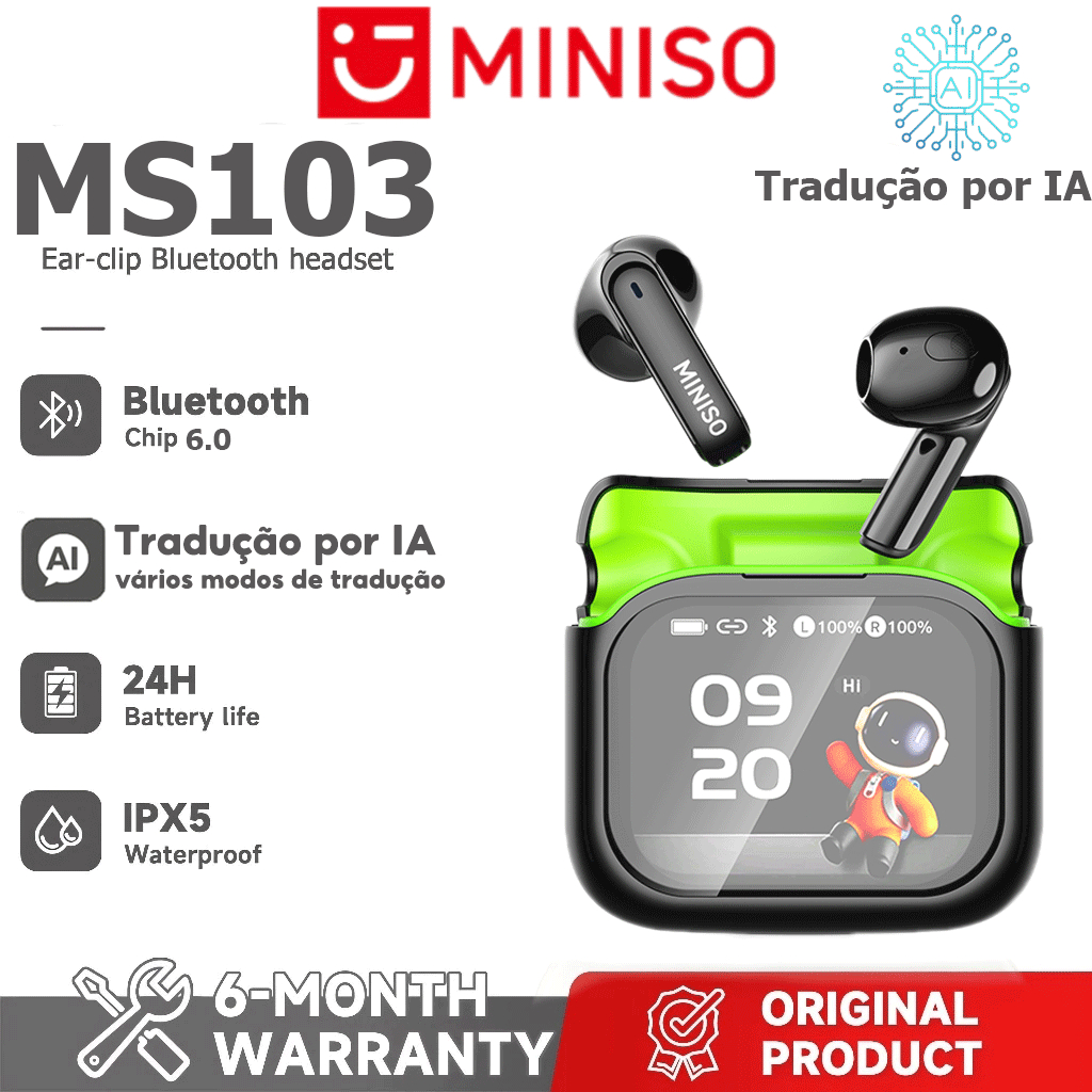 1 ano de garantia MINISO MS103AI Tradução Fone de ouvido Bluetooth Versão Bluetooth 6.0 Tela HD Fone de ouvido multifunc
