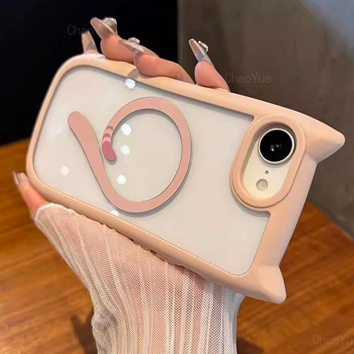Lindas Orelhas De Gato Capa Magnética Transparente Compatível Com iPhone 17 16 15 14 13 12 11 Pro Max AIR Plus Dura À Pr