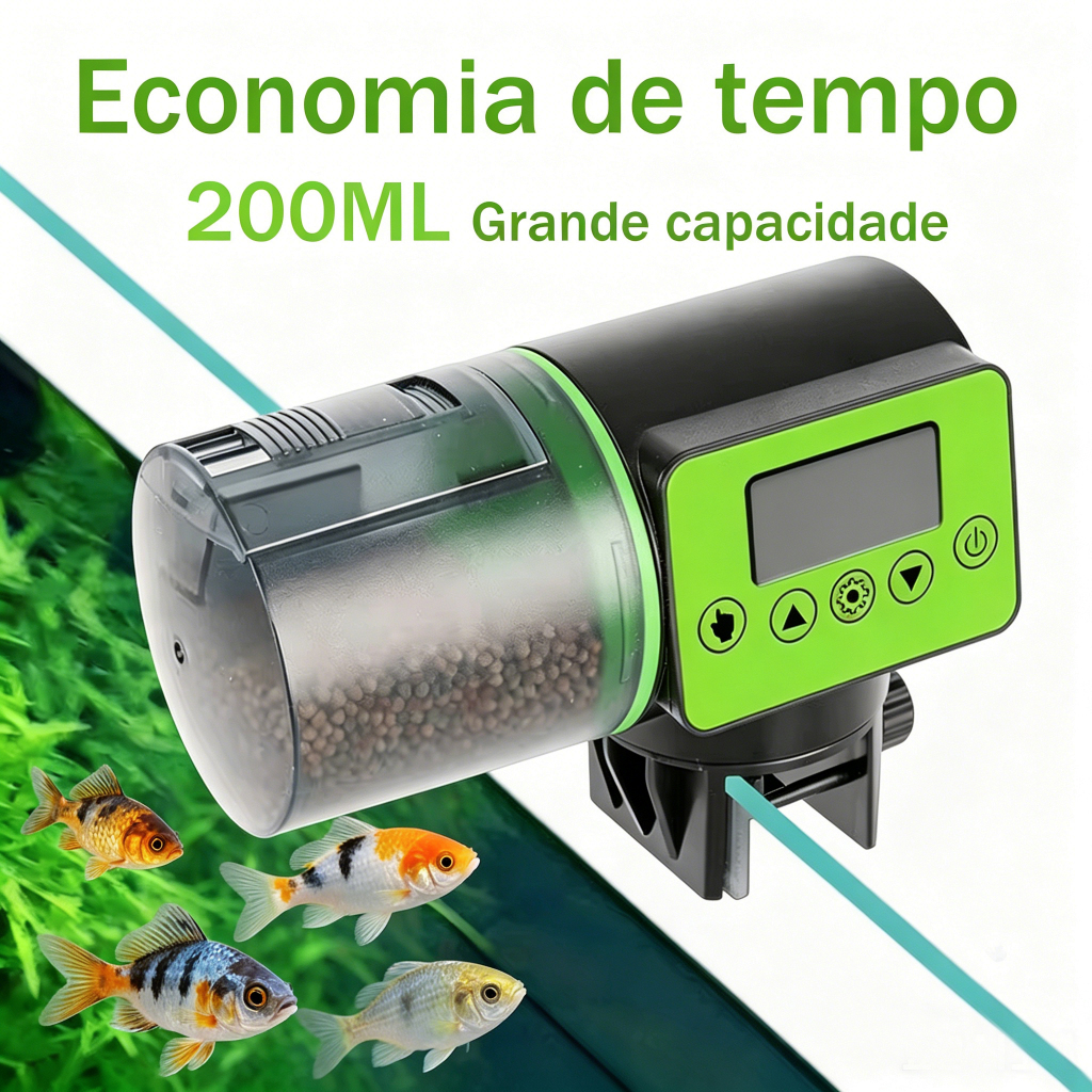 Alimentador Automático Dosador Comida Peixes Aquario 200ml Programável até 4 Refeições por Dia