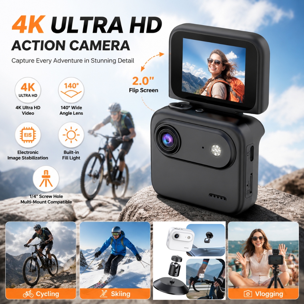 Câmera De Ação 4K Ultra HD 143 ° Esportiva Grande Angular Com Tela Flip , Bateria De 6H Para Vlogging , Viagens E Transm