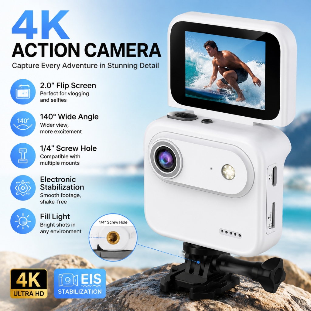 Mini Câmera De Ação Portátil 4K Vlog Cam Com Anti-Vibração , Montagem De Parafuso 1/4 E Carregamento …