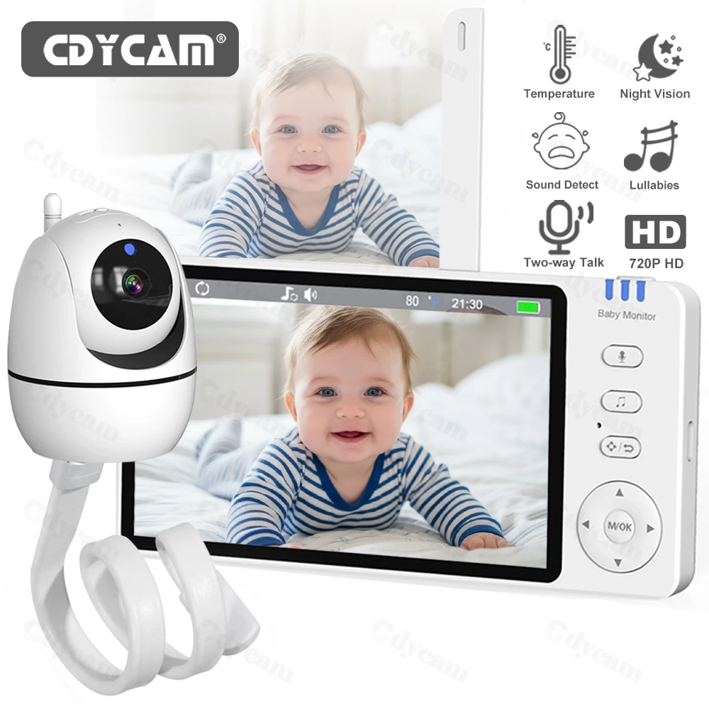 Baba Eletronica Sem Fio,Câmera para Bebês com Tela de 5" 720P,Visão Noturna,Áudio Bidirecional,Monitoramento Temperatura