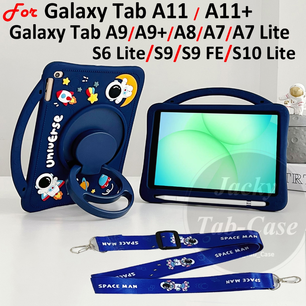 Para Tablet Samsung Galaxy Tb A11 A11+ A9 A9+ A8 A7 S9 S10 FE S6 Lite Capa Astronauta Silicone Macio Suporte Caneta Slot