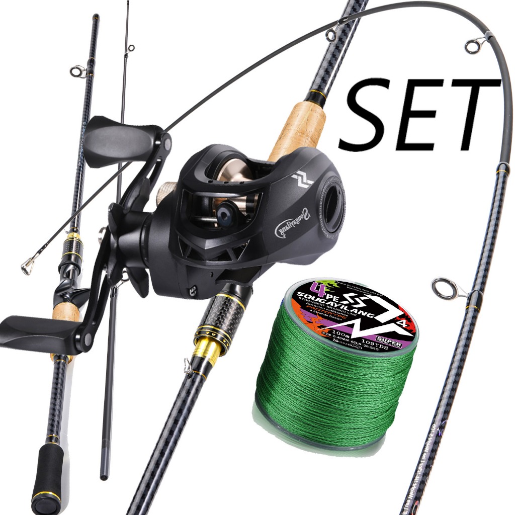 Sougayilang Conjunto De Carretel De Vara De Pesca , 2 Seções De Fibra De Carbono 19 + 1 Rolamento , Copo De Linha De Alu