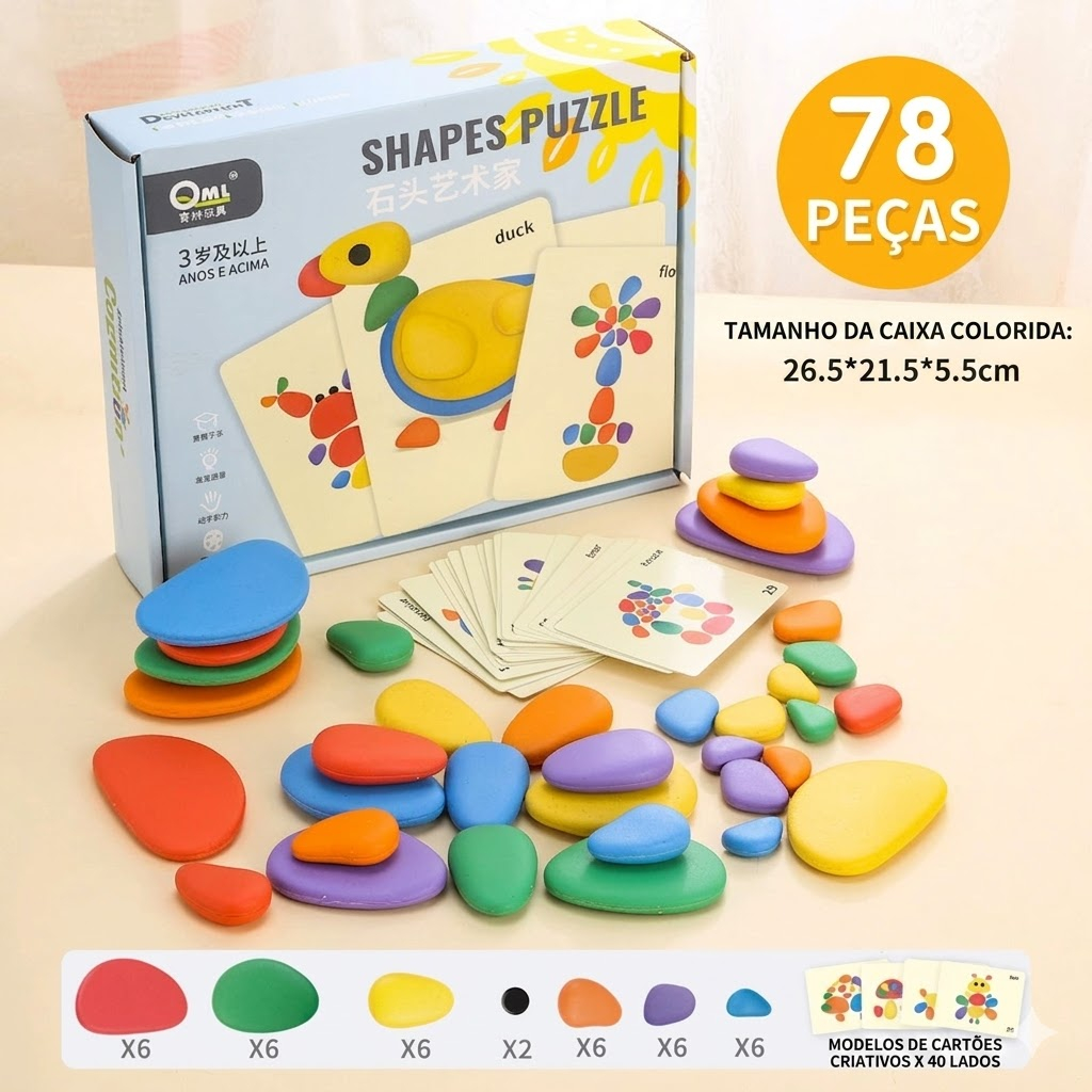 Kit Quebra Cabeça Infantil Pedras Arco-Íris Brinquedo Educativo Montessori Jogo de Criança 78 Peças Vários Desenhos
