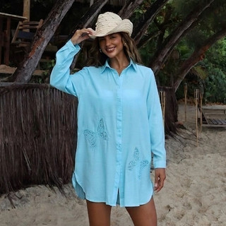 Leabay Camisa feminina bordada, mangas compridas, costas abertas com bordado de borboleta, uma peça moderna para.