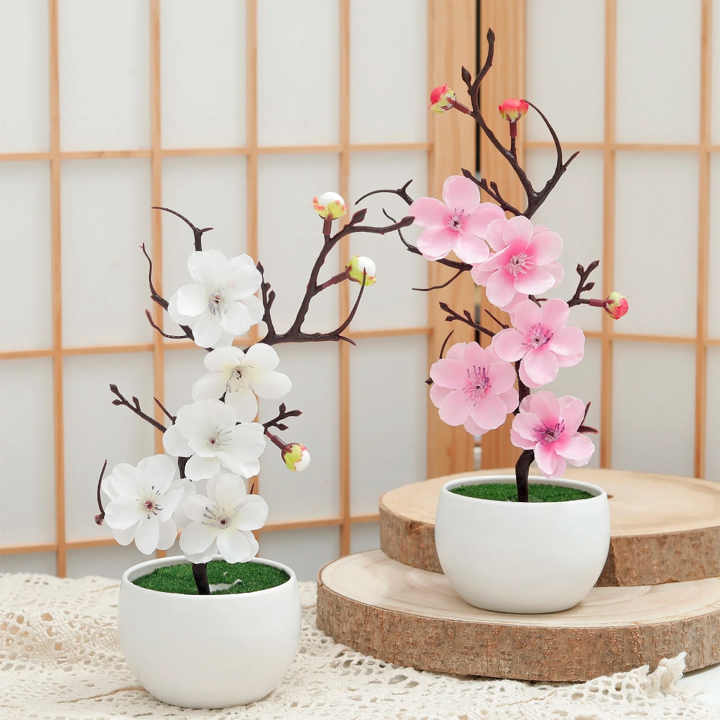 [Venda] Flor De Ameixa Artificial Seda Mini Bonsai Vaso De Plantas Decoração De Mesa Pêssego Falso Ornamento De Jasmim D