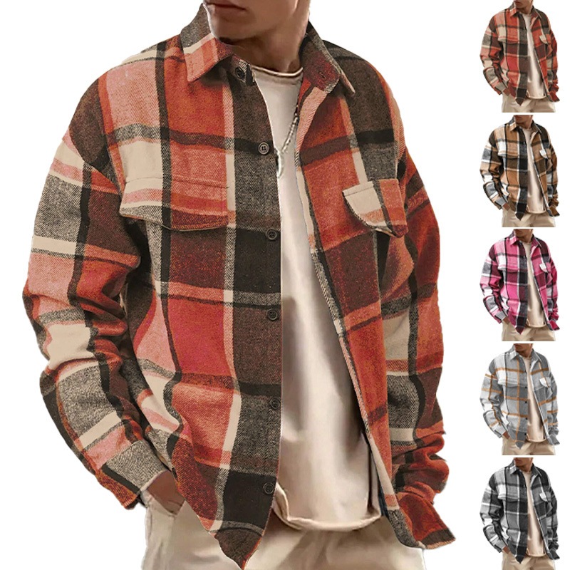 Camisas Masculinas De Flanela Casuais Com Botões E Manga Comprida Xadrez Camisa Jaquetas Bolsos