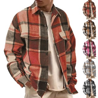 Camisas Masculinas De Flanela Casuais Com Botões E Manga Comprida Xadrez Camisa Jaquetas Bolsos