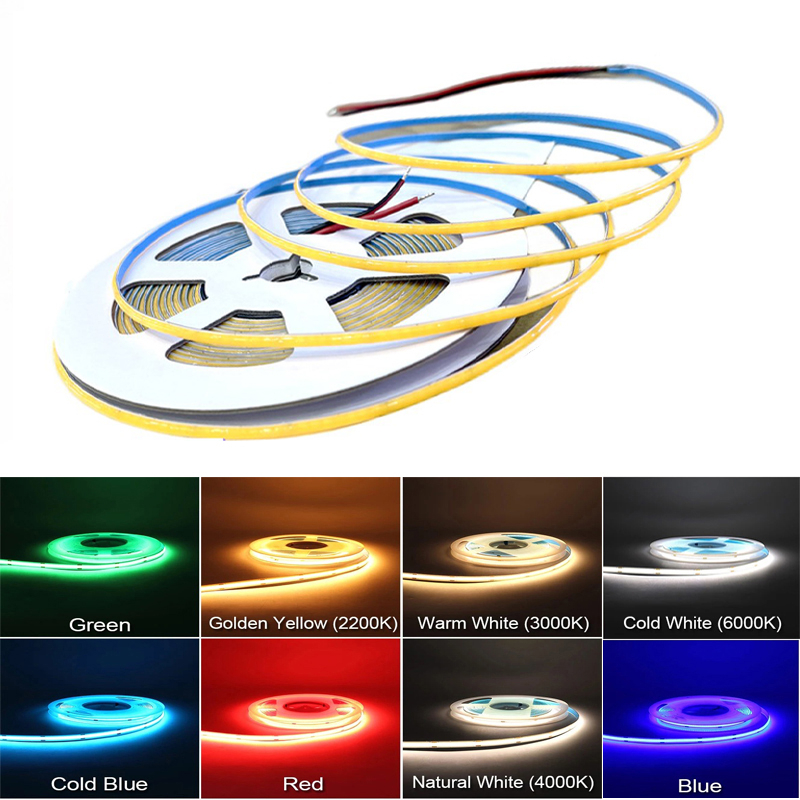 COB LED Strip Light 12V 24V 384Led/m 3mm Ultra Super Fino 5m Flexível 12 24 V Volt Fita De Tira