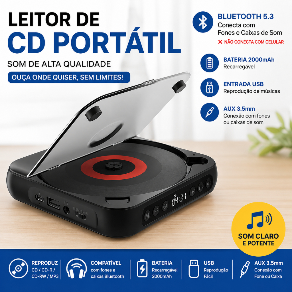 CD Player Bluetooth Recarregável Hi-Fi com USB/3.5mm AUX Leitor De CD Portátil Bivolt Fone de Ouvido Incluso MP3 Player