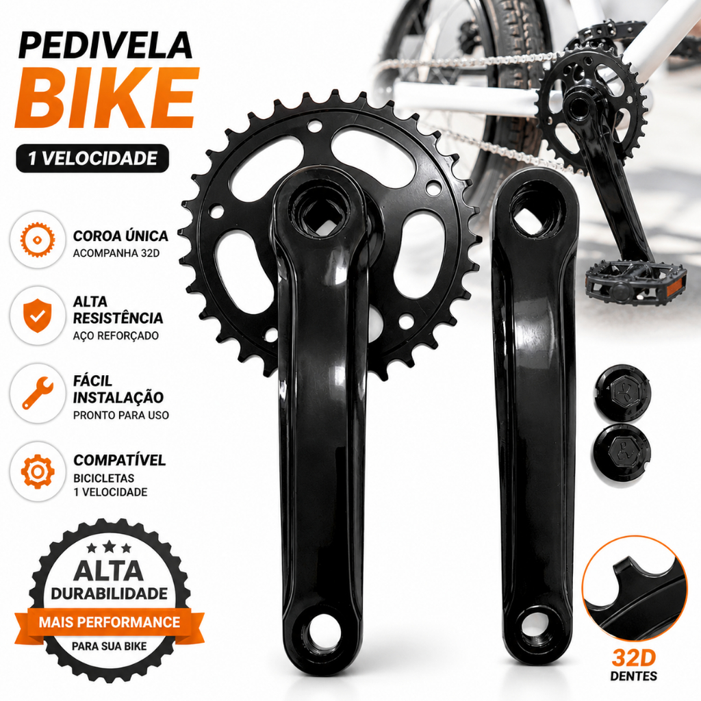 KIT Pedivela 170mm Bike De Aço C/Coroa Única 32T ponta quadrada na cor preta, 7V/8V/9V serve de várias marcas