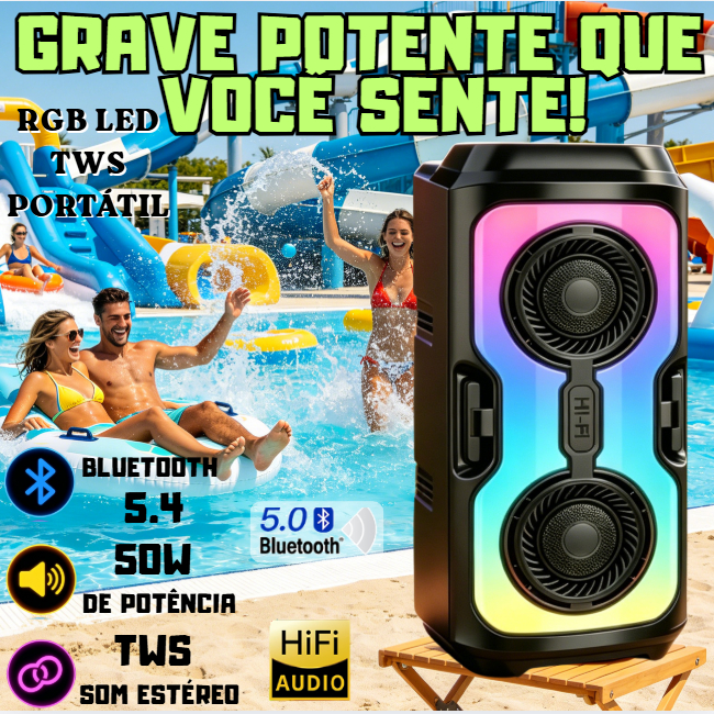 Caixa de som Bluetooth Portátil Com Led RGB Portátil FM USB TWS 50W Para Praia, Festa ou Viagem 1500mah Potente