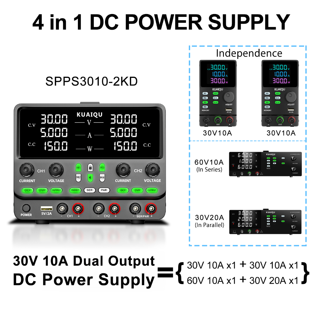 Fonte de Bancada 30V 10A 300W 60V10A 600W DC de Canal Duplo KUAIQU Conexão em Série e Paralelo com Controle Independente