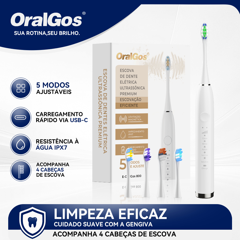 OralGos Escova de Dentes Elétrica,Limpeza Profunda Com Vibração de Alta Frequência