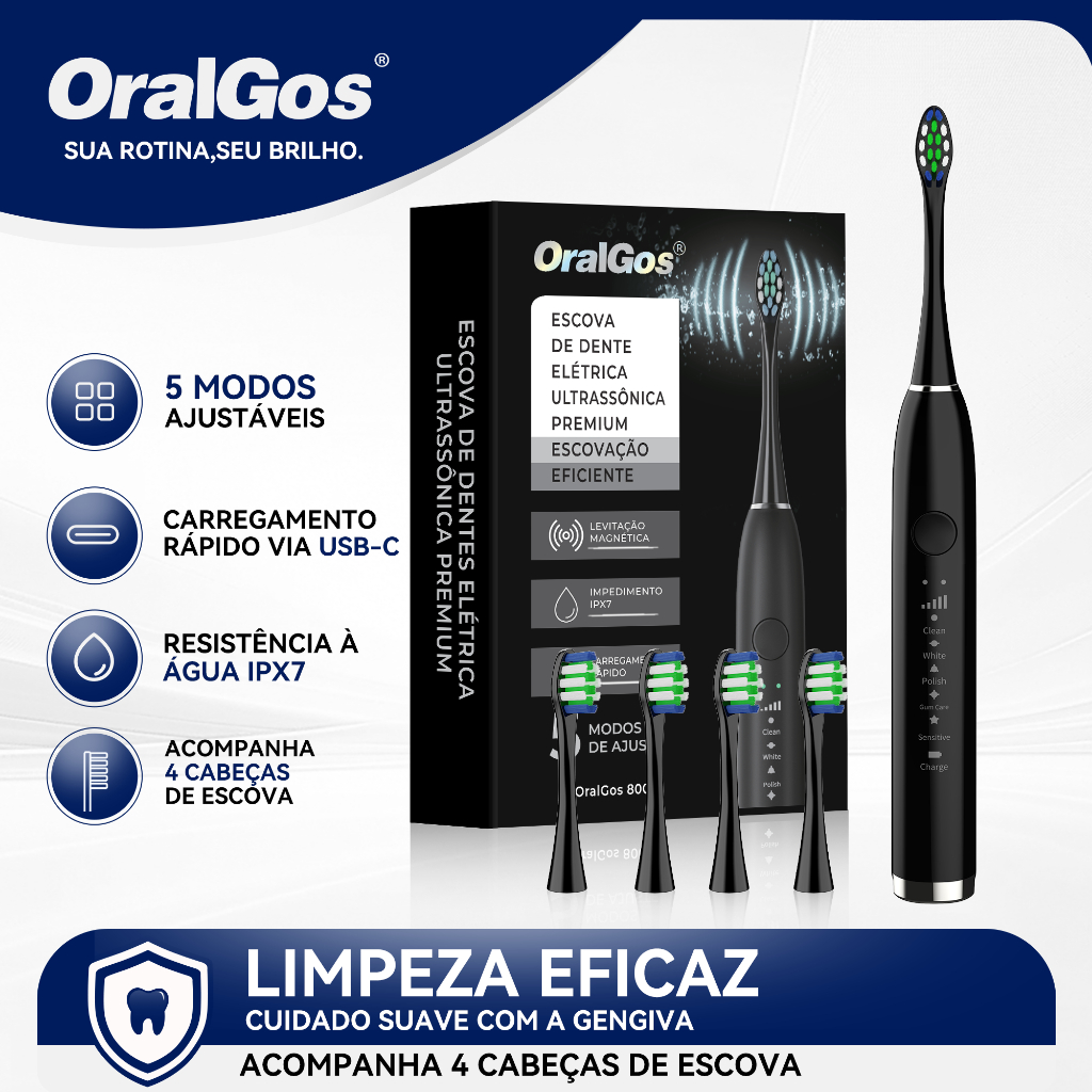 OralGos Escova de dente elétrica sônica recarregável , 5 modos, preto e branco