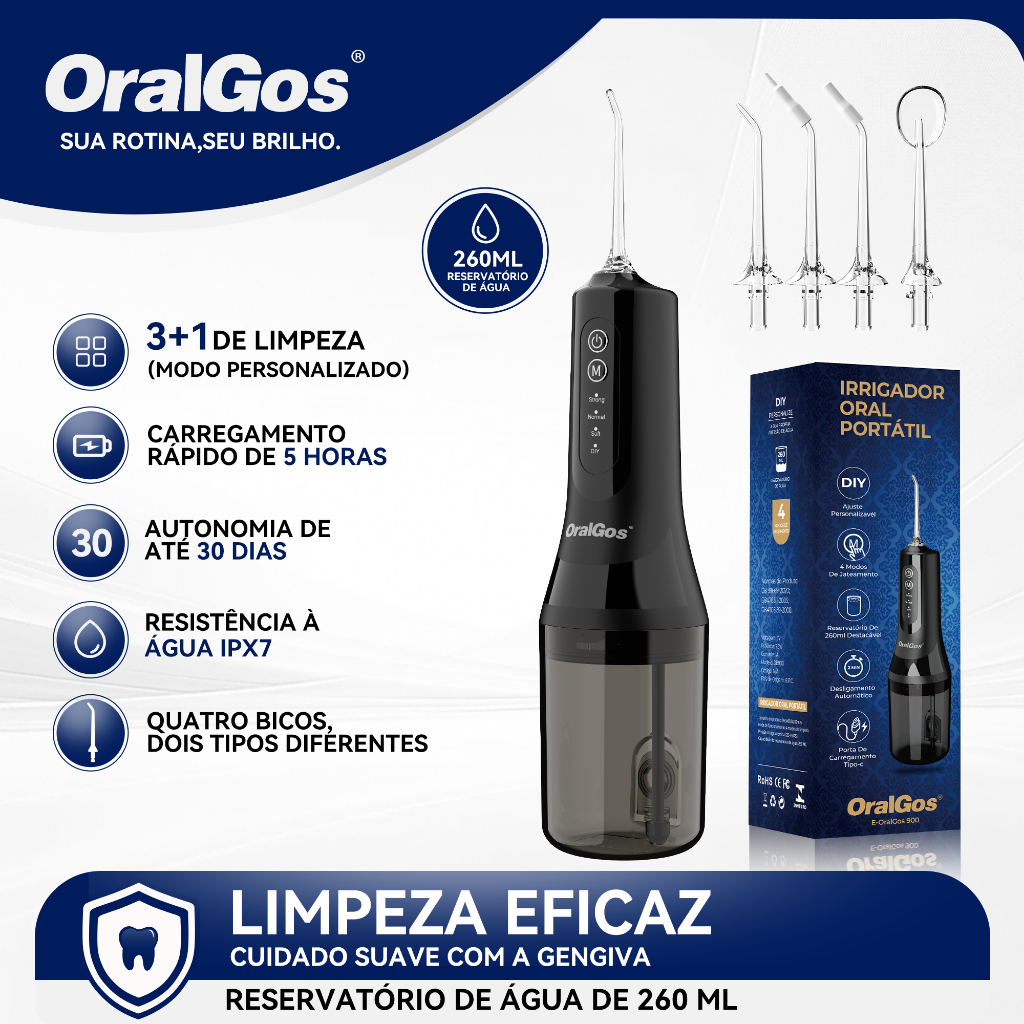 OralGos Lrrigador Bucal Reservatório de água Removível de 260 ml, 4 Modos