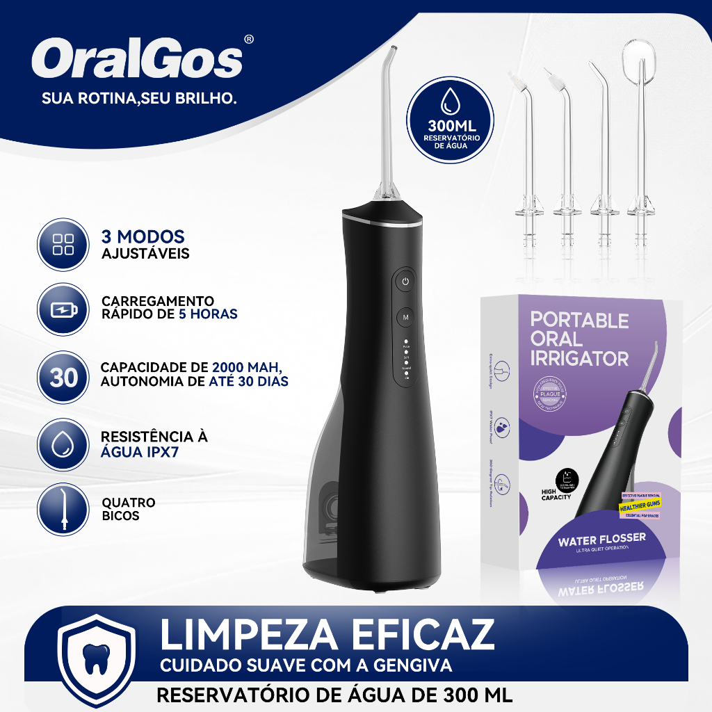 OralGos Irrigador bucal, proteção dupla para as gengivas, 5 modos de limpeza potentes