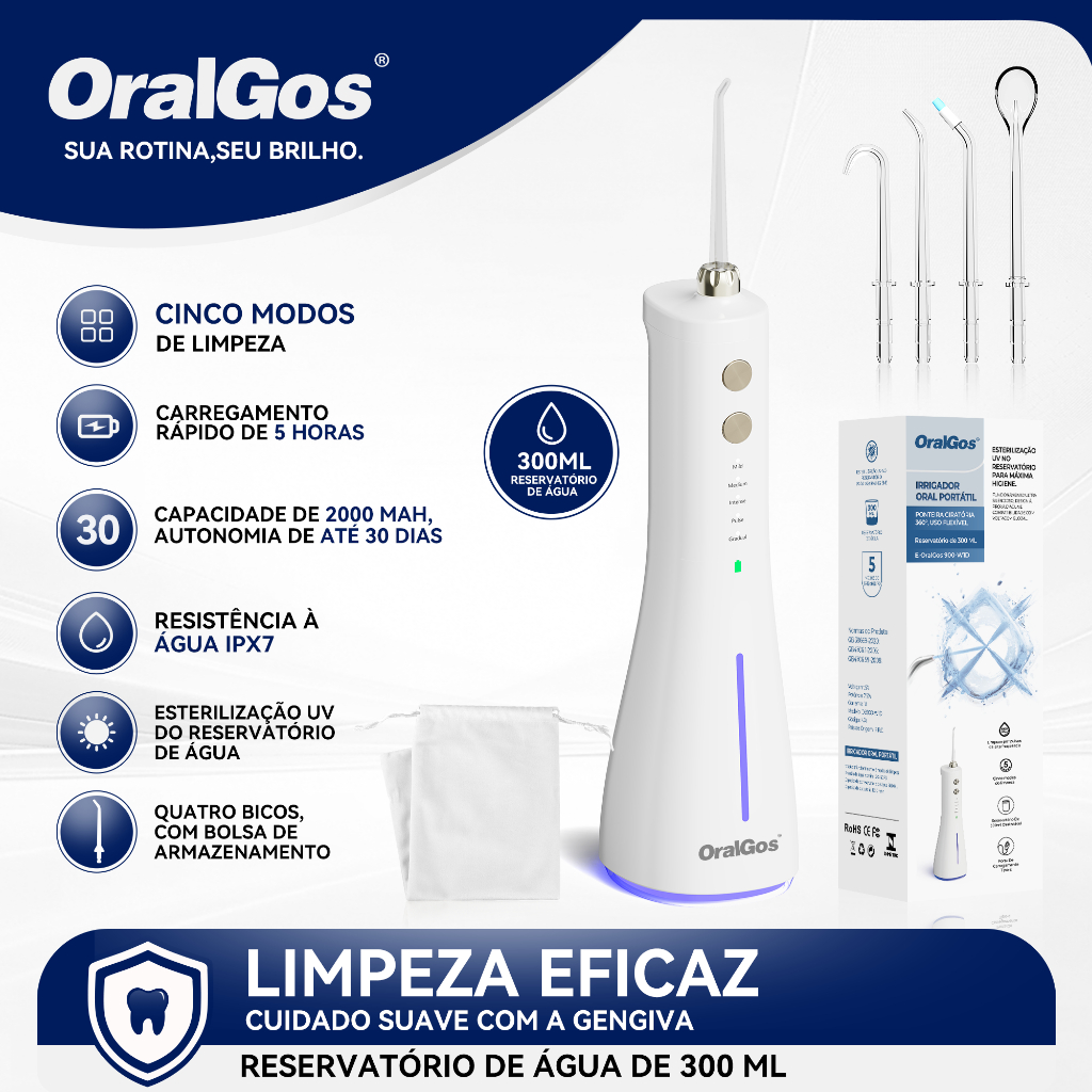 OralGos Lavador Oral Portátil, Carregamento USB, Tanque de água de 300ml + Cinco Modos de Pressão