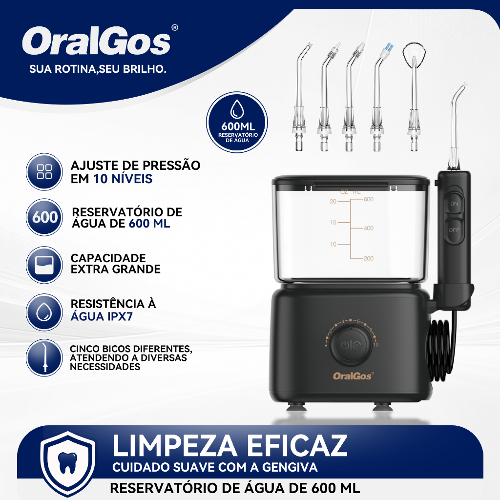 OralGos Irrigador oral, bivolt, 10 modos, reservatório de água de 600ml