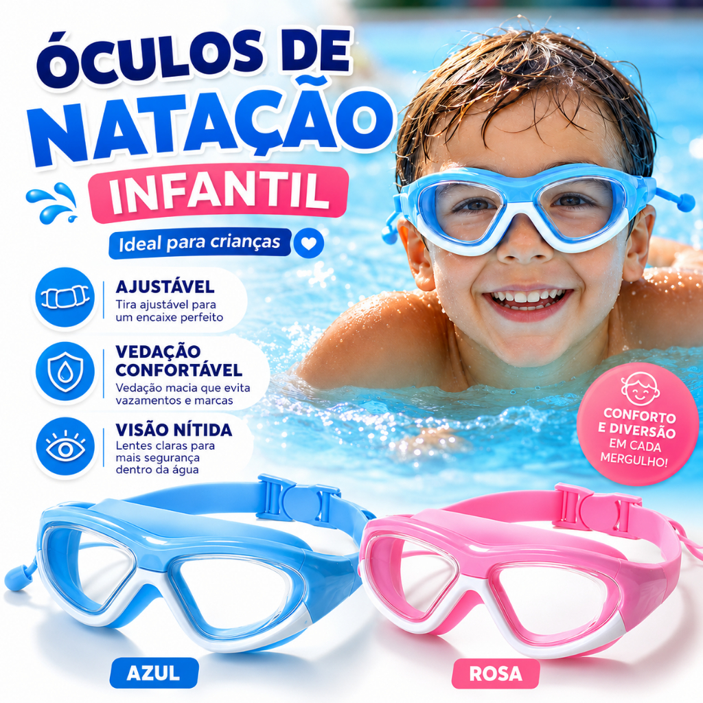 Óculos de Natação Infantil com Protetor de Orelha - À Prova d'Água, Antiembaçante e HD para Meninos e Meninas