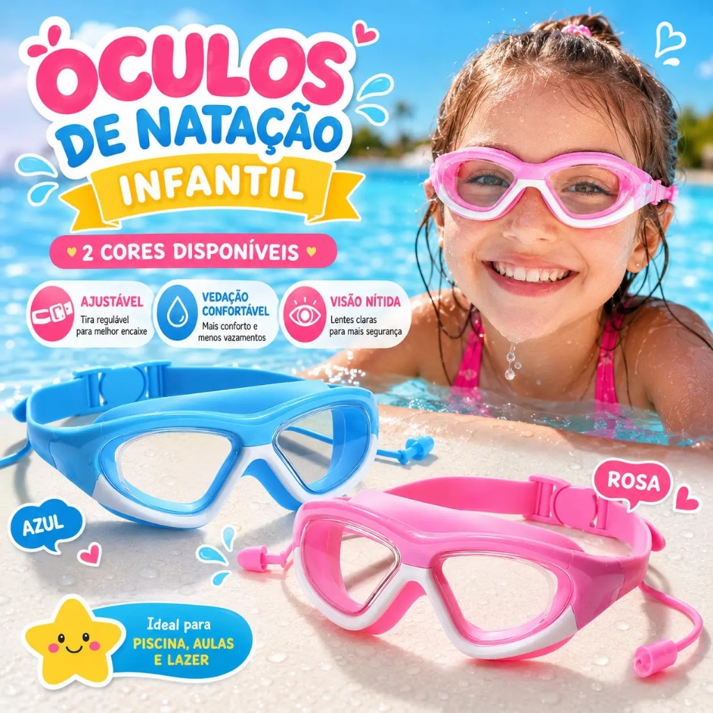 Óculos de Natação Infantil com Protetor de Orelha - À Prova d'Água, Antiembaçante e HD para Meninos e Meninas