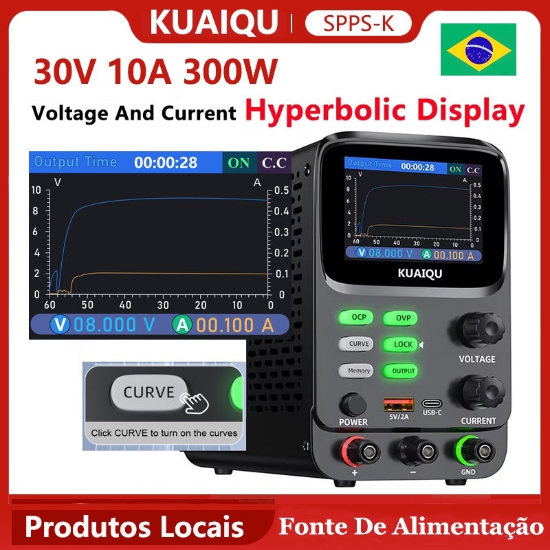 Fonte de Bancada KUAIQU 30V 10A 300W Display TFT De 5 Dígitos 0.01mA 0.1mV De Bancada De Curva Dup