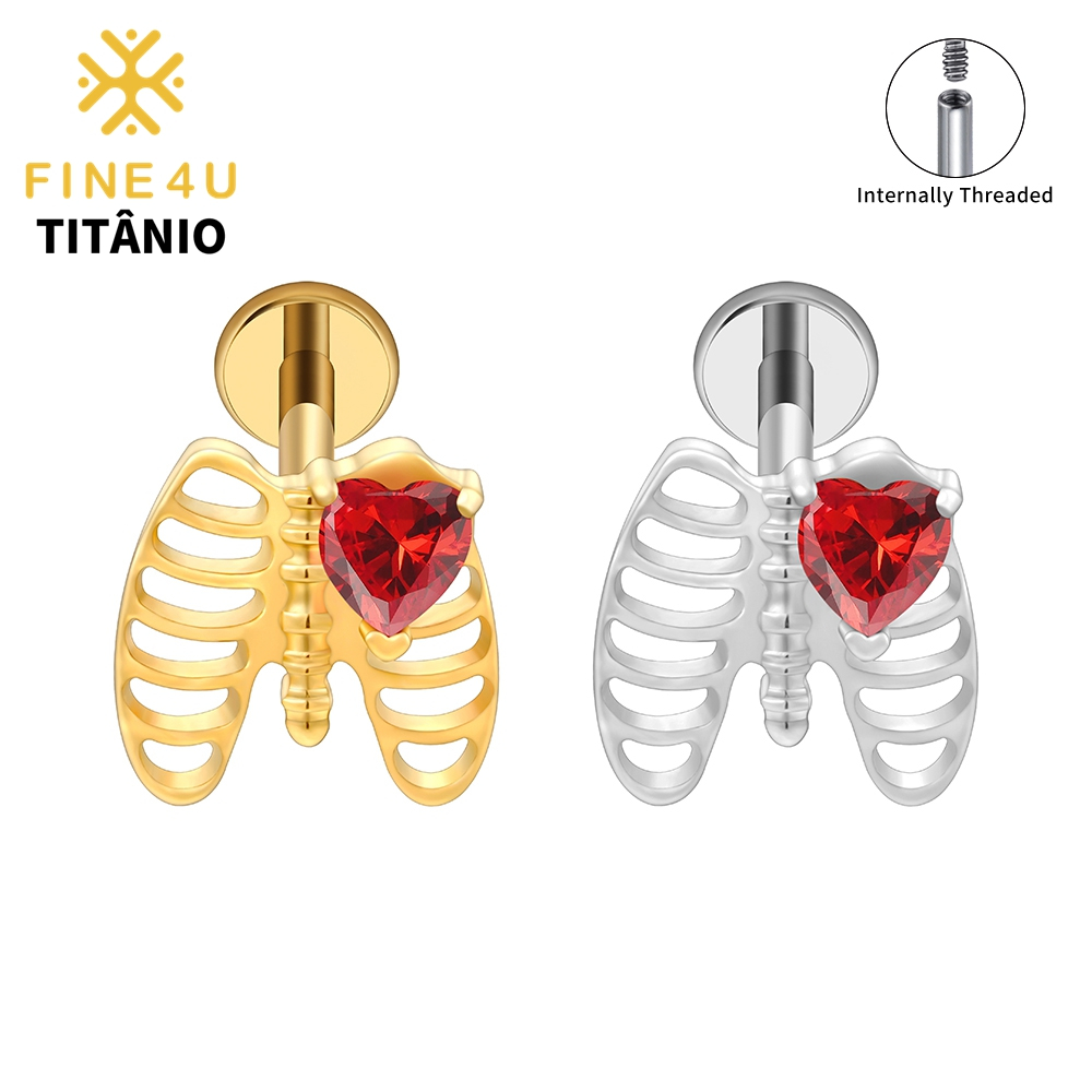 FINE4U Piercing Titânio Costela Gaiola Com Vermelho Coração Gótico Helix Tragus Cartilage Lóbulo