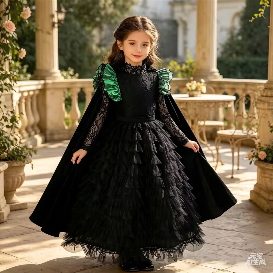 Menina Malvada Halloween Carnaval Palco Desempenho Bruxa Cosplay Traje Meninas Vestido De Renda Preta + Capa Partycospla
