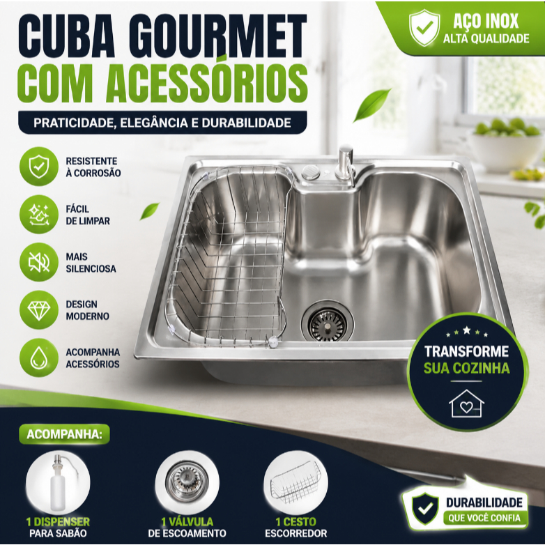 cuba pia cozinha gourmet aço inox 304 50x40 luxo com acessórios