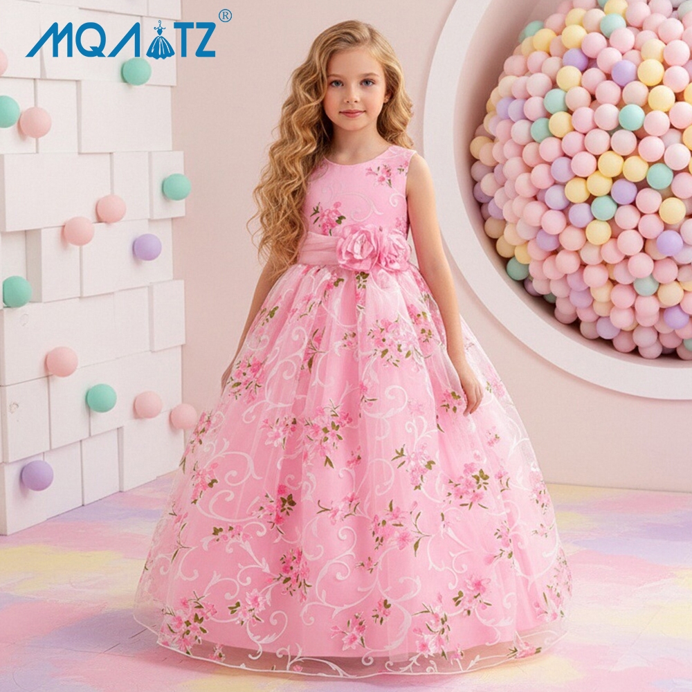 MQATZ Rosa Vestido De Dama De Honra Meninas Floral Princesa Trajes Longos Vestidos De Noite Menina Casamento ALP-0026