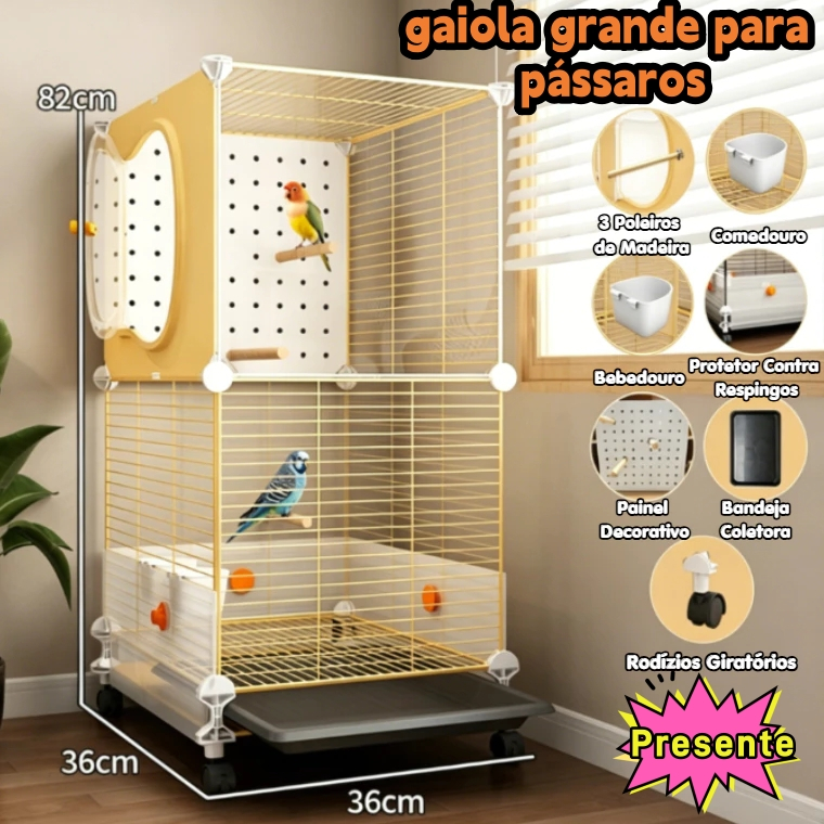 Gaiola Decorada para Pássaros, Anti Respingo, Grande, Calopsita e Periquito com 7 Acessórios