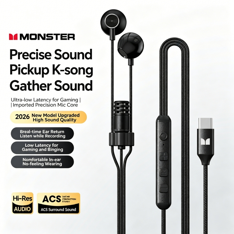 Fones De Ouvido Monster AE20 Com Fio Tipo C 14.2 Mm Driver Dinâmico ENC Cancelamento De Ruído Áudio De Alta Resolução Pa