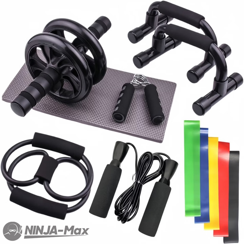 Kit Fitness 12 em 1 para Treino em Casa – Roda Abdominal, Flexão, Corda Elástica, Hand Grip e Tapete