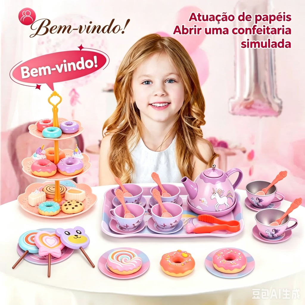Conjunto de Chá de Unicórnio Brinquedo de Faz Conta para Meninas Sobremesa Simulada com Bolo Donut