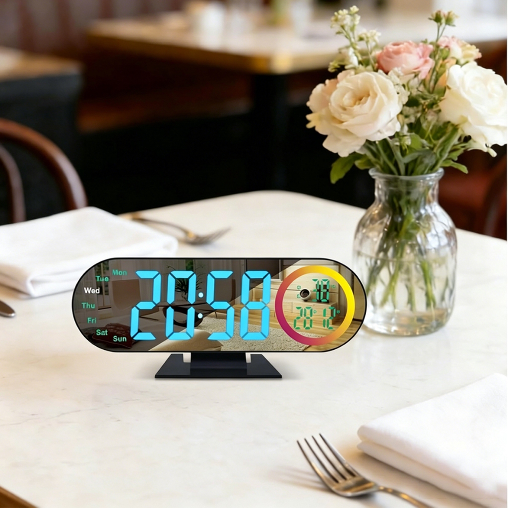 Relógio Digital LED de Mesa Espelhado, Relógio com Alarme, Temperatura, Calendário e Luz Ambiente Colorida