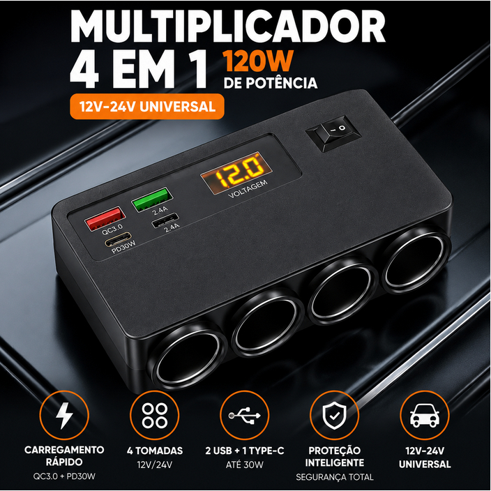 4 Em 1 Adaptador De Carregador De Carro 12V/24V 120W 4 Soquete Divisor De Isqueiro Duplo USB