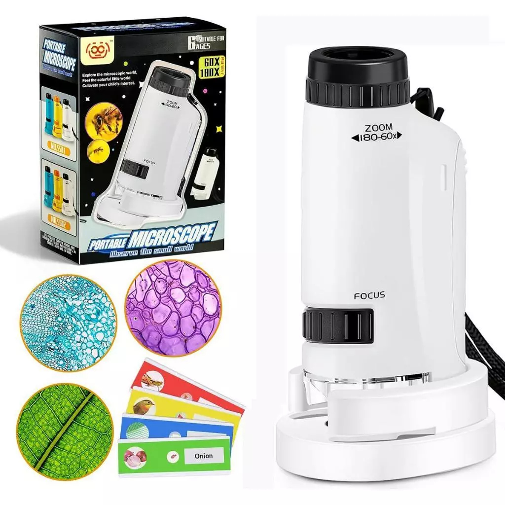 Microscópio de bolso portátil para crianças, 60-120 vezes, HD, luz LED, experimento científico, brinquedo de observação