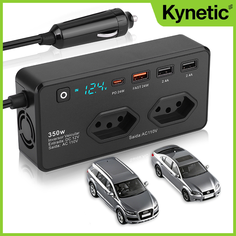 Inversor de Corrente 350W 12V para 110V/220V – 3 Portas USB + 1 Tipo-C – Conversor de Energia para Carro e Viagem