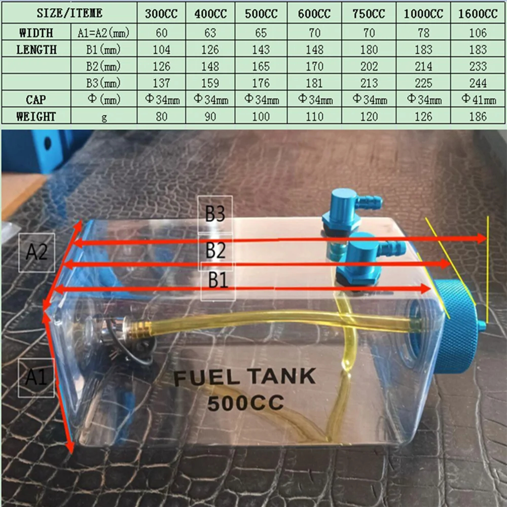 Tanque Combustível RC 300-1600ml Plástico Transparente com Tampa Alumínio CNC para Aeromodelo Nitro e Gasolina