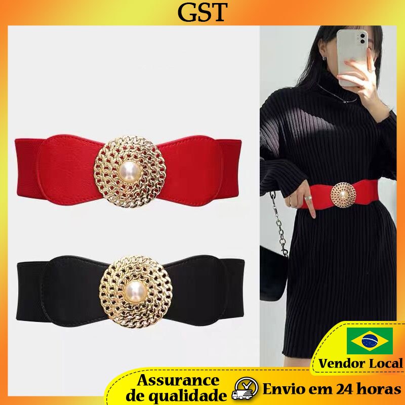 Fivela redonda em forma de corrente elástica cintura feminina terno exterior vestido pérola disco preto Retro cinto