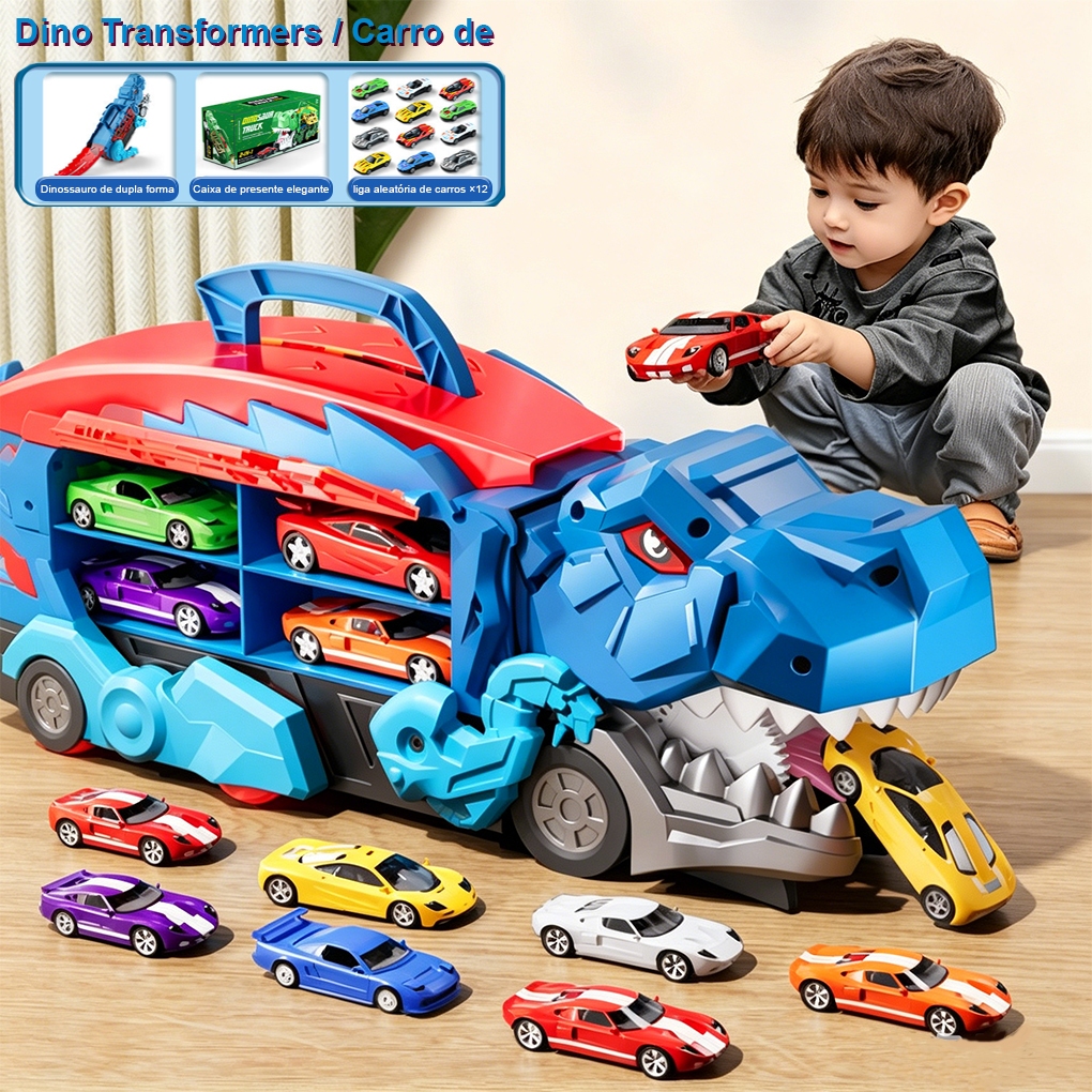 Caminhão Dinossauro Engole Carrinhos com 12 Carros de Metal Transformável com Pista Rampa e Alça