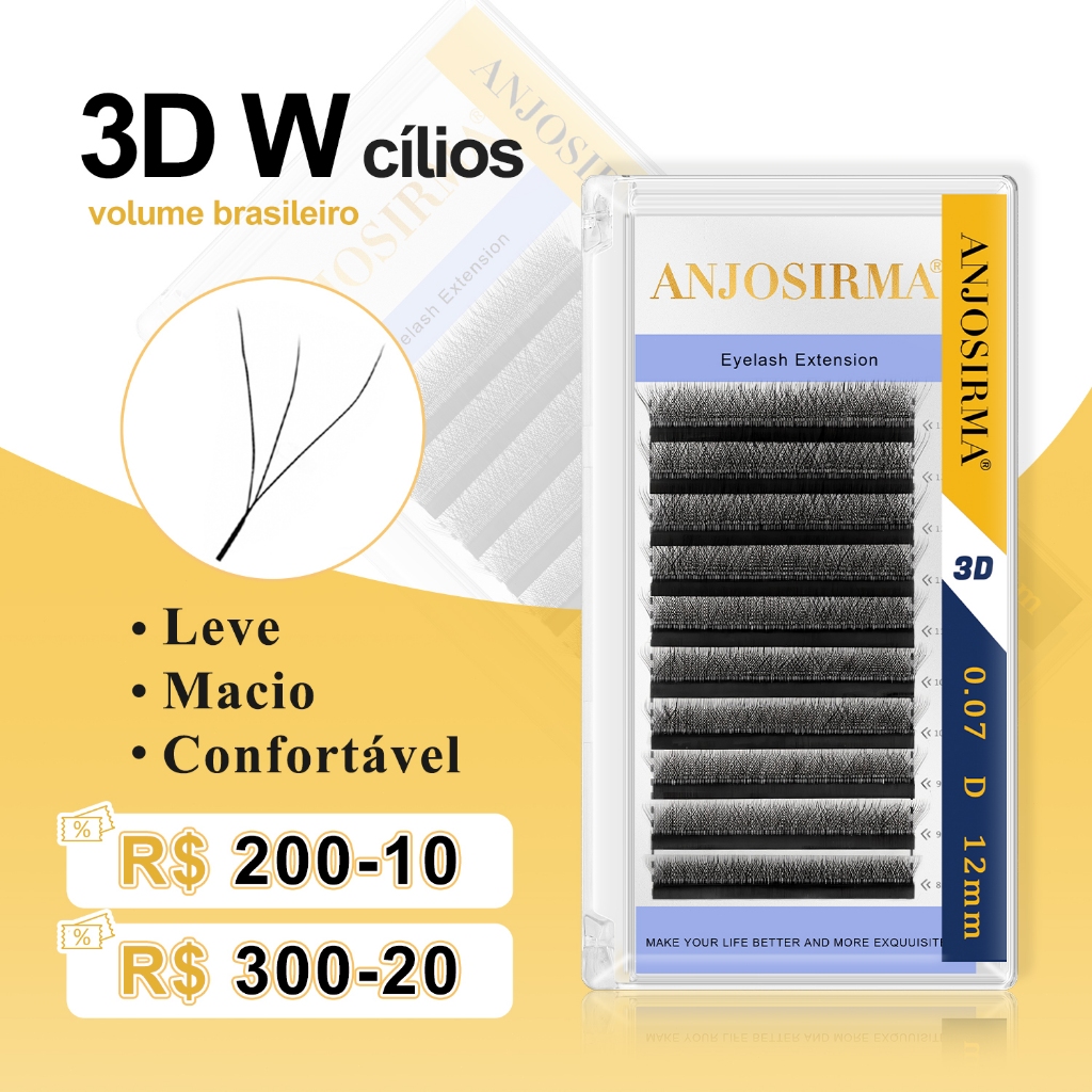 Extensões de cílios ANJOSIRMA 3D em formato de W, naturais, macias e confortáveis, com espessura total.