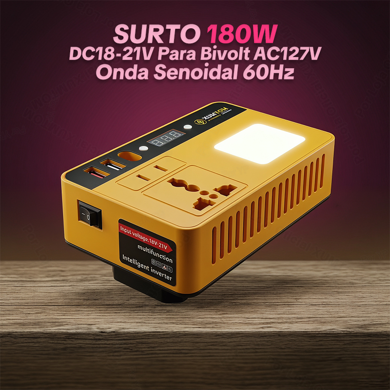 Transformador 180W Onda Senoidal Pura DC18-21V para AC127V USB-A&C LED Tomada Universal Compatível com Makita