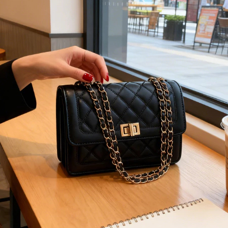 Bolsa Pequena Mine Matelassê Bordada Toque de Luxo com Corrente Moderna Preta